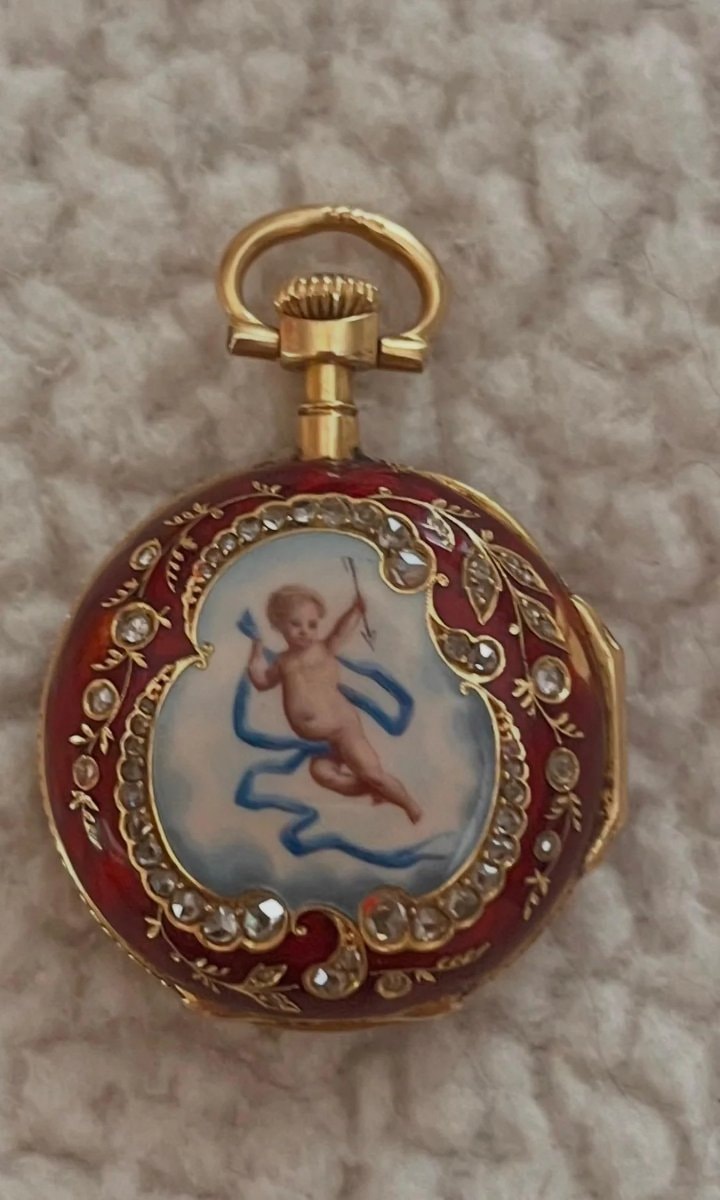 Edwardian Guilloché Enamel & Diamond Pendant Watch, c. 1900